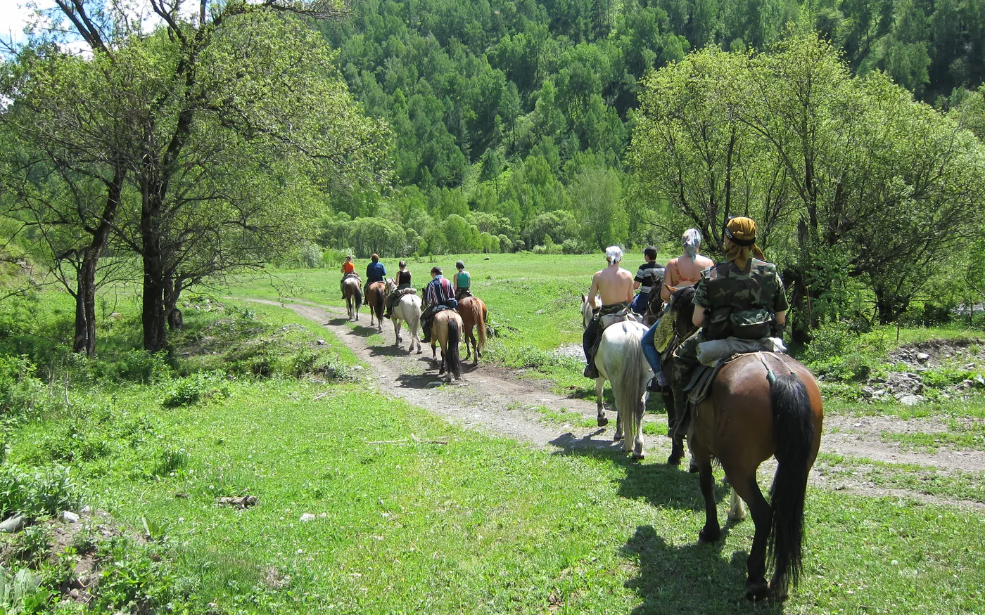 Reitergruppe im Gelände auf einem Weg entlang eines grünen Flusstals