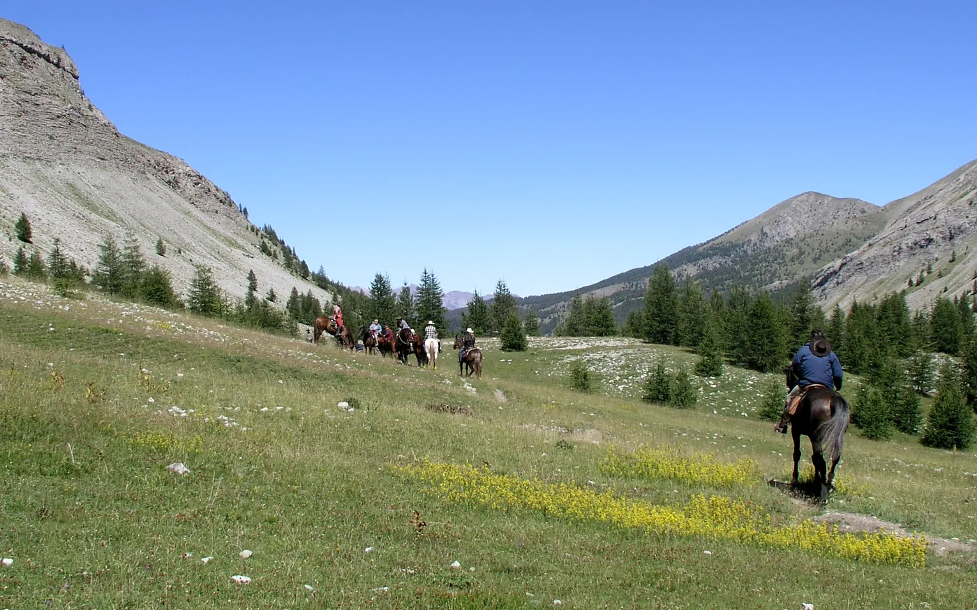 Gruppe von Wanderreitern auf einem Bergpfad in einem weiten Hochtal